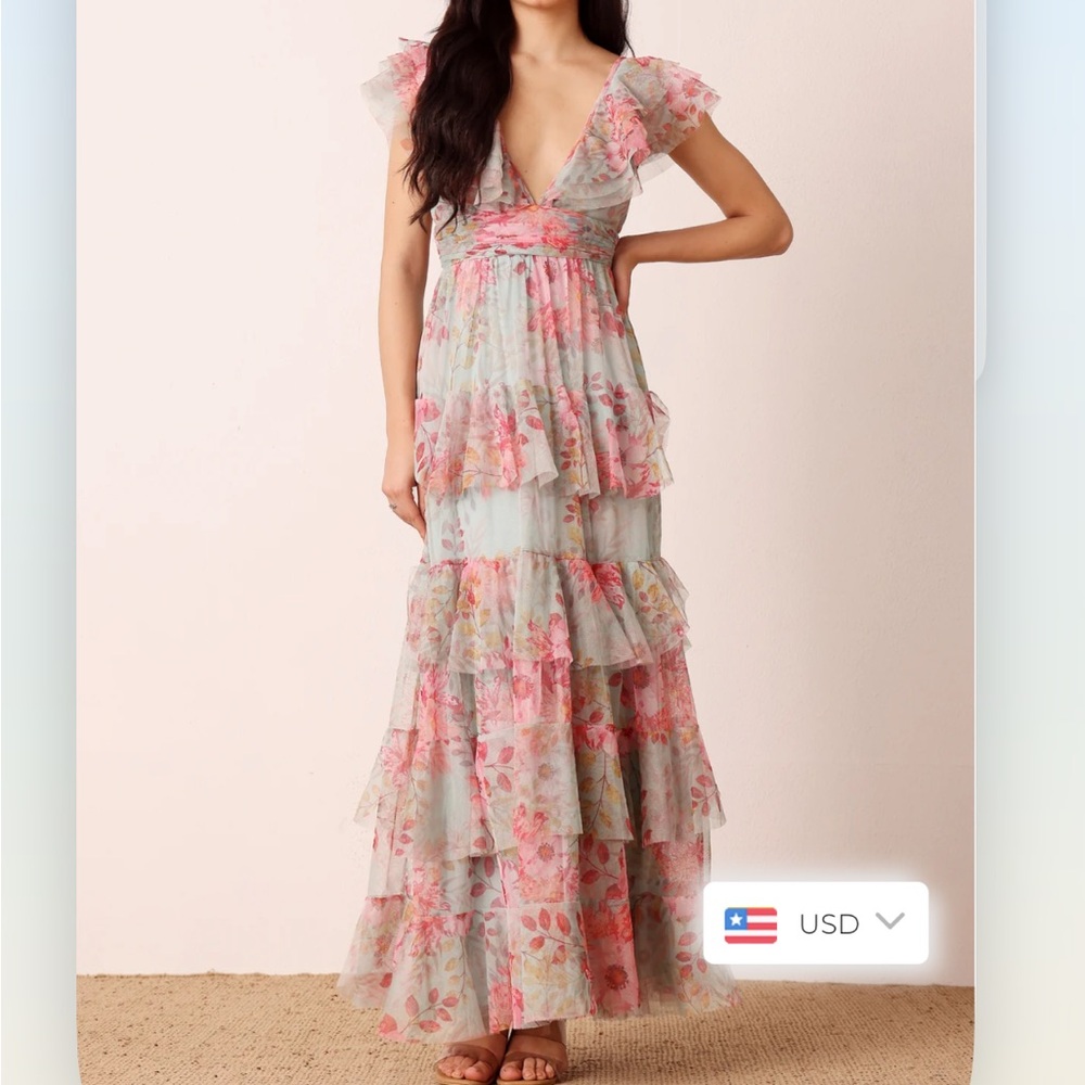 Lace & Beads Olympia Maxi Dress in Mint Floral